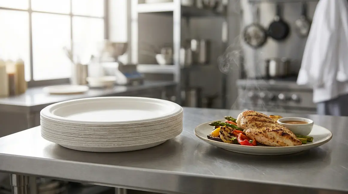 sugarcane bagasse plates wholesale stacked on a catering prep table in a commercial kitchen